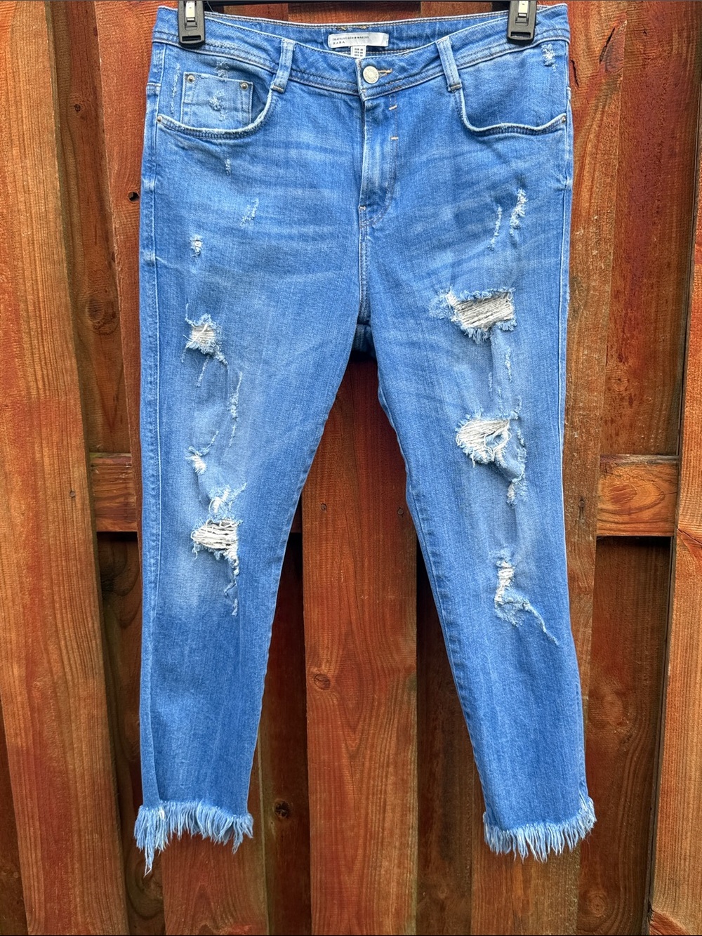 Zara TRF Distressed Fringe Hem Skinny Jeans Blue Ripped Frayed Ankle Sz 8